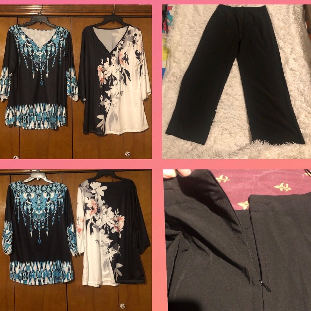 Black and White Floral Blouse Set with Black Pants